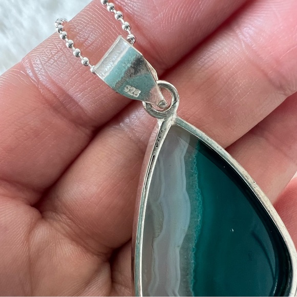 Teal Lace Onyx Gemstone Pendant Necklace Sterling Silver 925 Pear Cut New - Picture 8 of 10